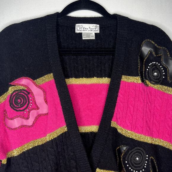 Vintage VivienForest Cardigan Size Small Black Pink - Picture 2 of 9